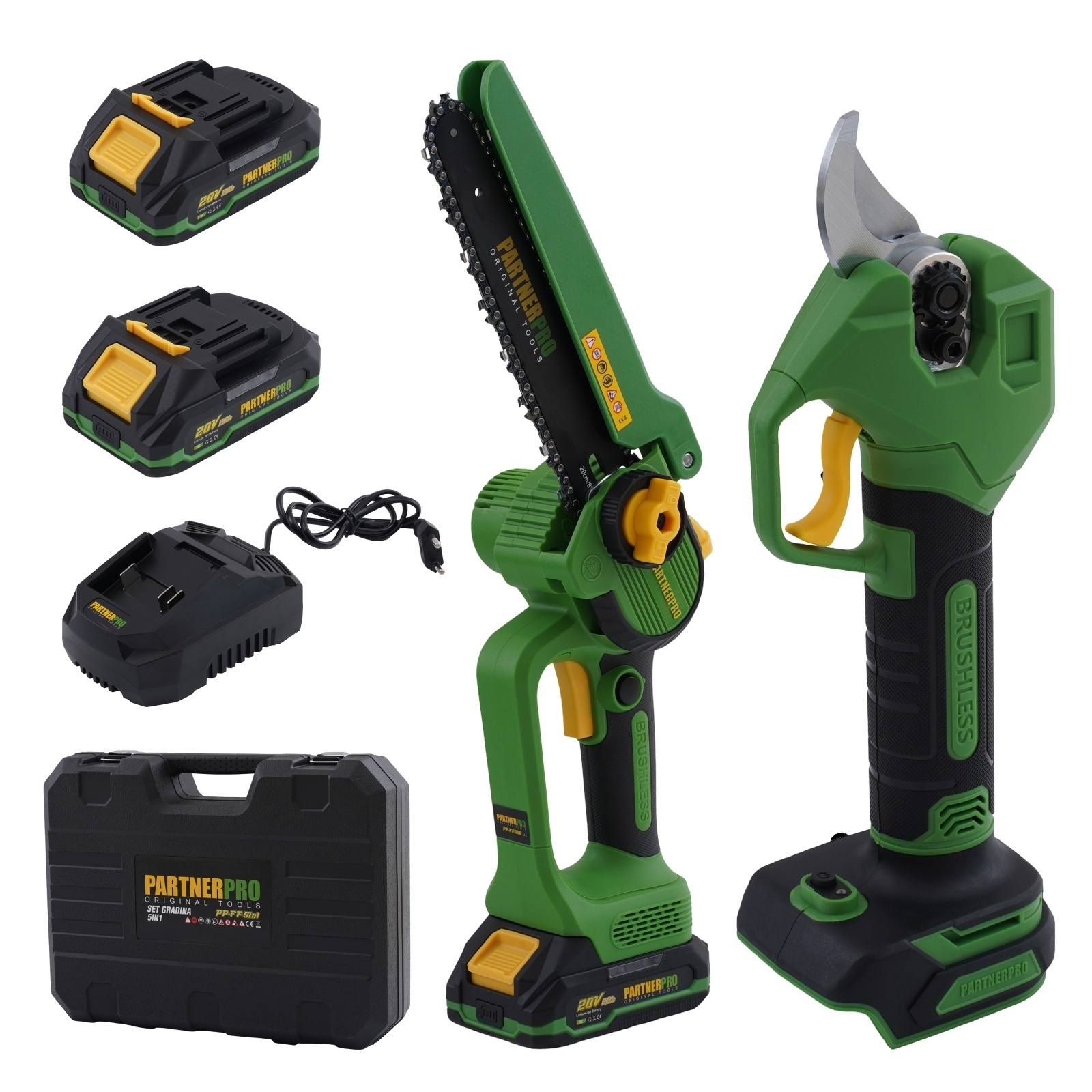 Set foarfeca de gradina si fierastrau cu lant pe acumulator PARTNERPRO PP-FF 5 IN 1
