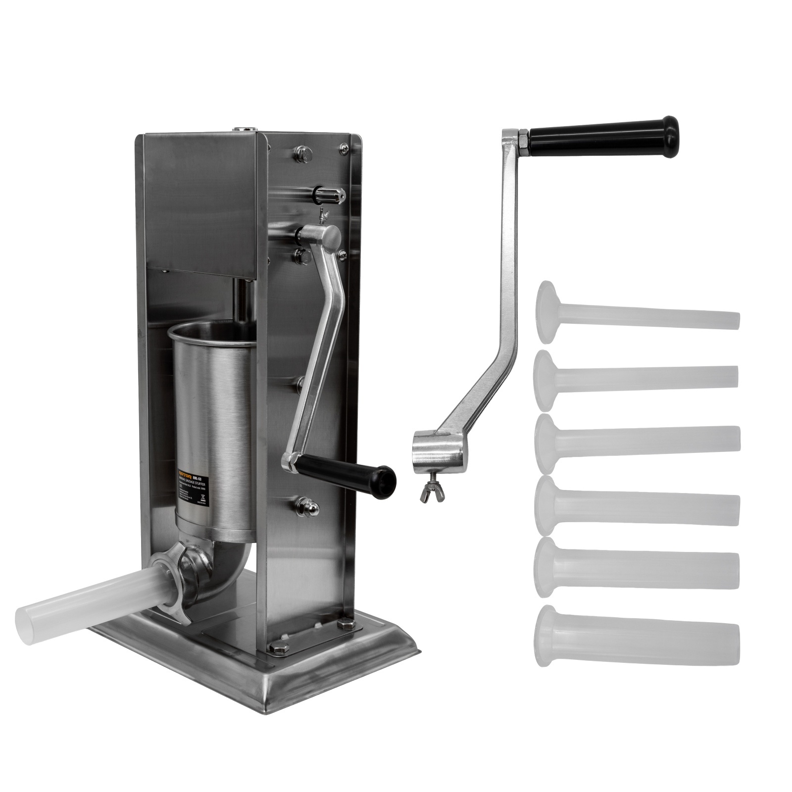 Aparate de umplut cârnați și accesorii - Aparat mecanic de facut carnati ROTOR RML-S3, vertical, 3 L, inox alimentar, cuva basculanta, 6 palnii, actionare prin manivela
