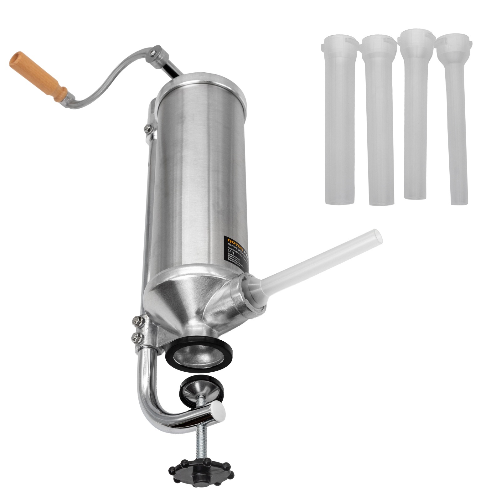 Aparate de umplut cârnați și accesorii - Aparat manual de facut carnati ROTOR RY-2005C, vertical, 3 kg, inox alimentar, 4 palnii, fixare pe masa cu clema