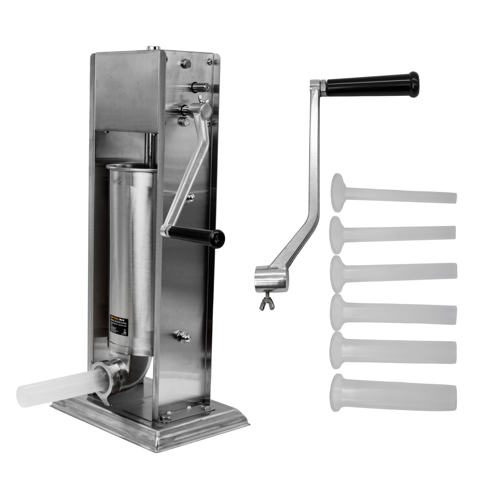 Aparate de umplut cârnați și accesorii - Aparat mecanic de facut carnati ROTOR RML-S5, vertical, 5 L, inox alimentar, cuva basculanta, 6 palnii, actionare prin manivela