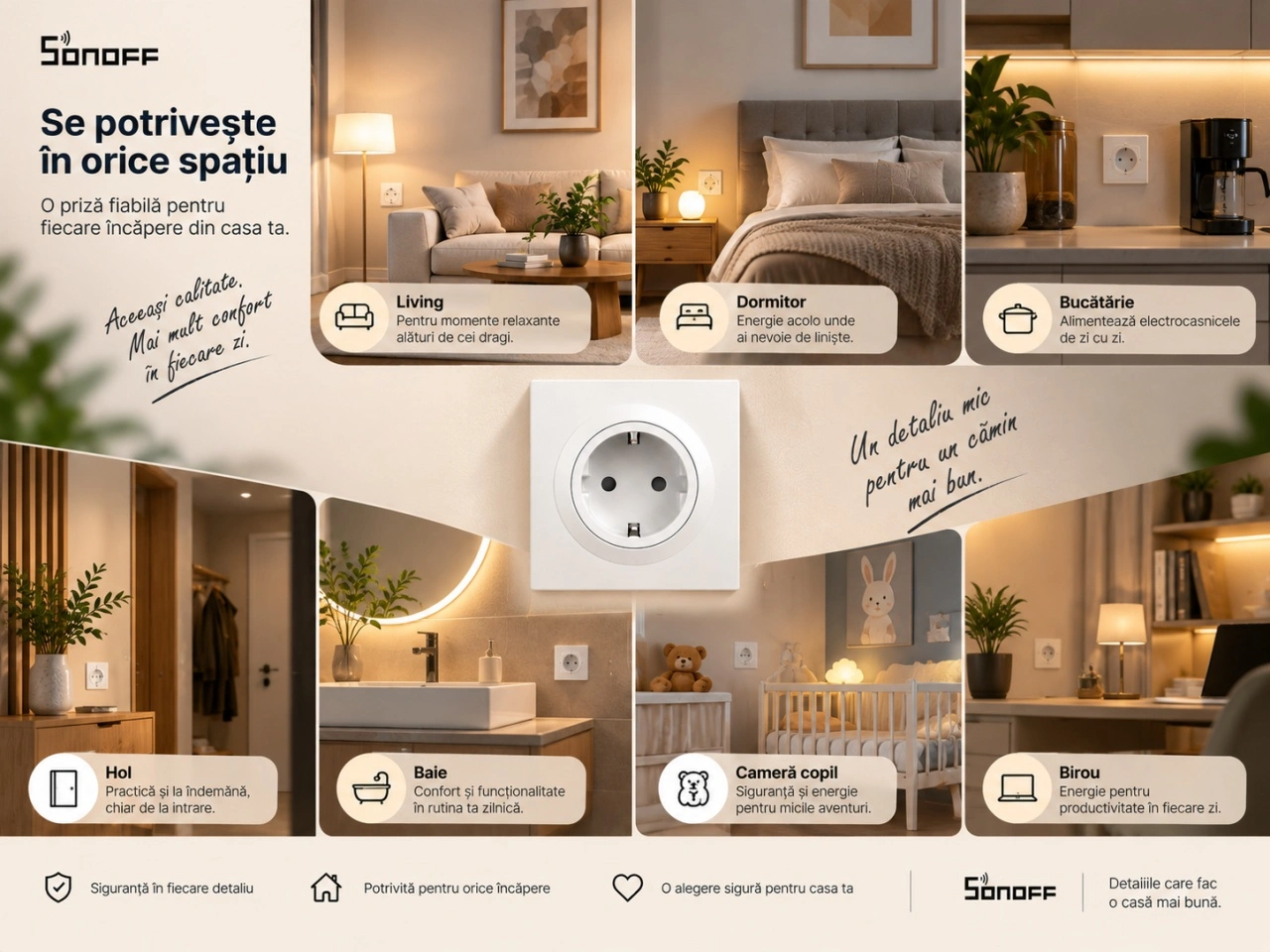 Sonoff WS01STPF-E - exemple de utilizare în living, dormitor, bucătărie, baie și birou